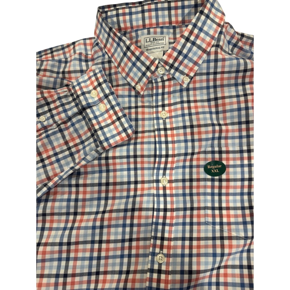 LL Bean Mens XXL NWOT Traditional Fit Plaid Button Down Shirt Blue Red‎ White